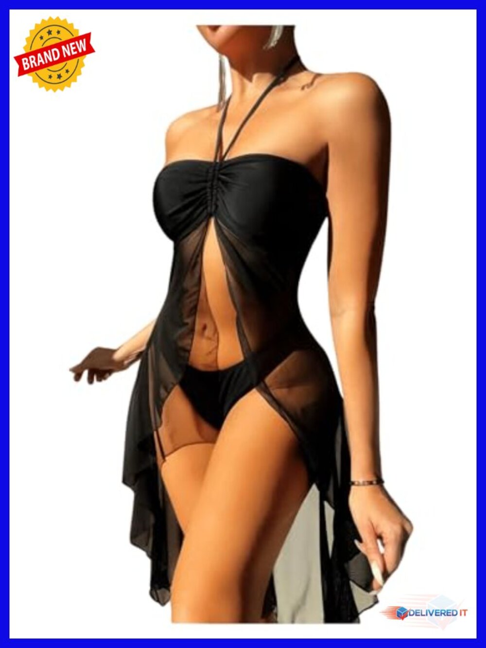 3 Piece Halter Smocked Swimsuit High Cut Bikini Set with Mesh Skirt